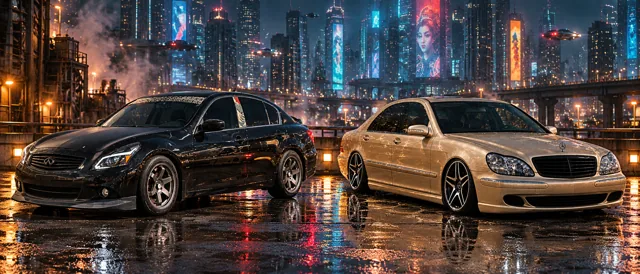 Pearl and Allison under neon rain