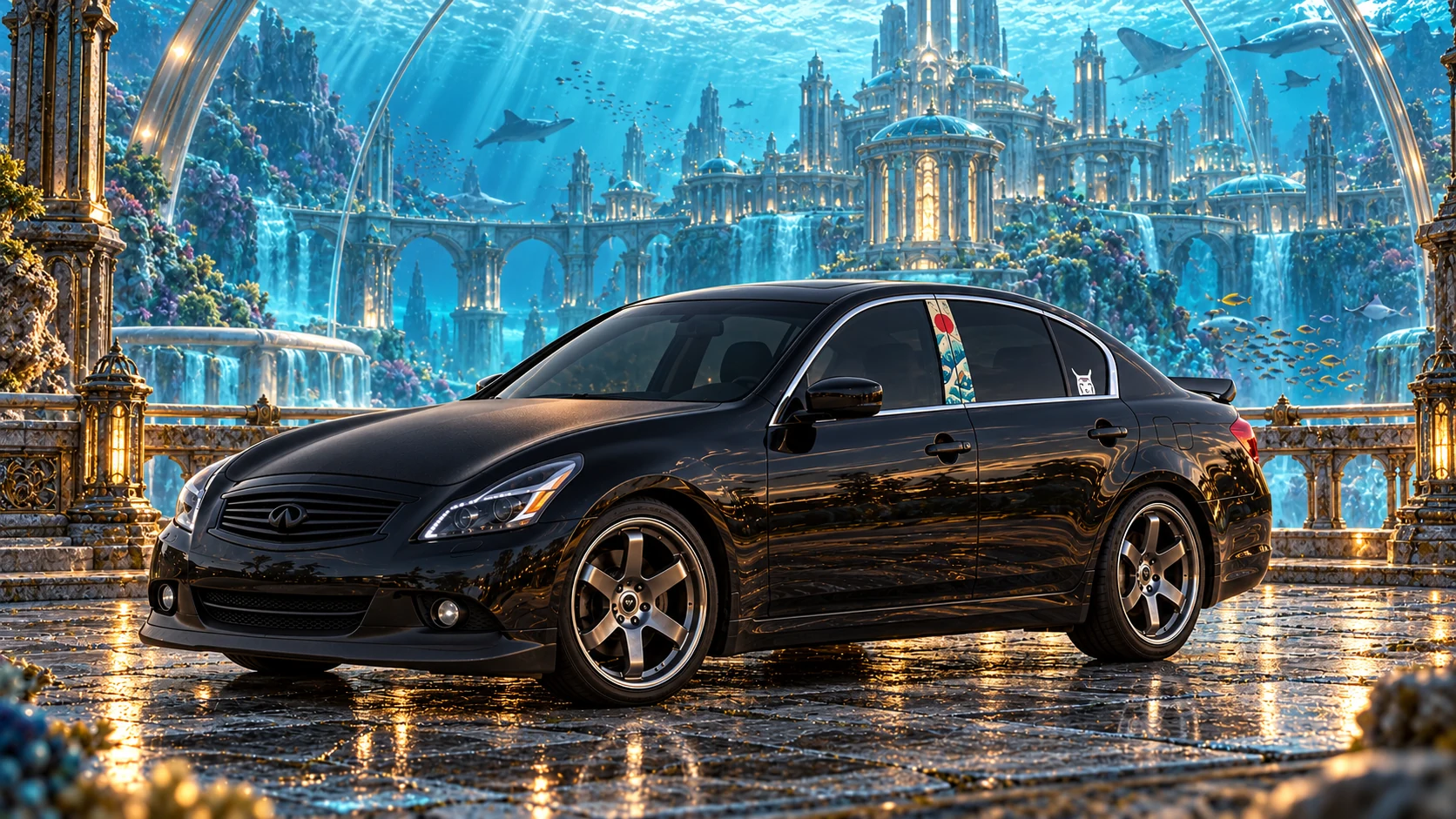 Pearl, the black Infiniti G37x, on a golden terrace beneath a glass ocean dome with an underwater castle, sharks, and rays.