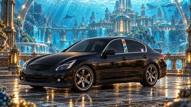 Pearl, the black Infiniti G37x, on a golden terrace beneath a glass ocean dome with an underwater castle, sharks, and rays.