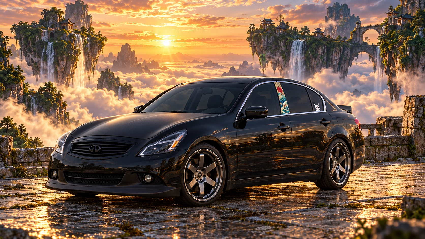 Pearl the black Infiniti G37x in floating kingdoms at sunset.