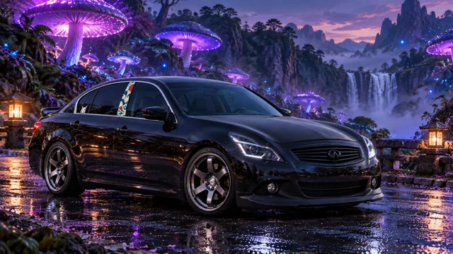 Pearl the black Infiniti G37x in glowing mushroom forest.