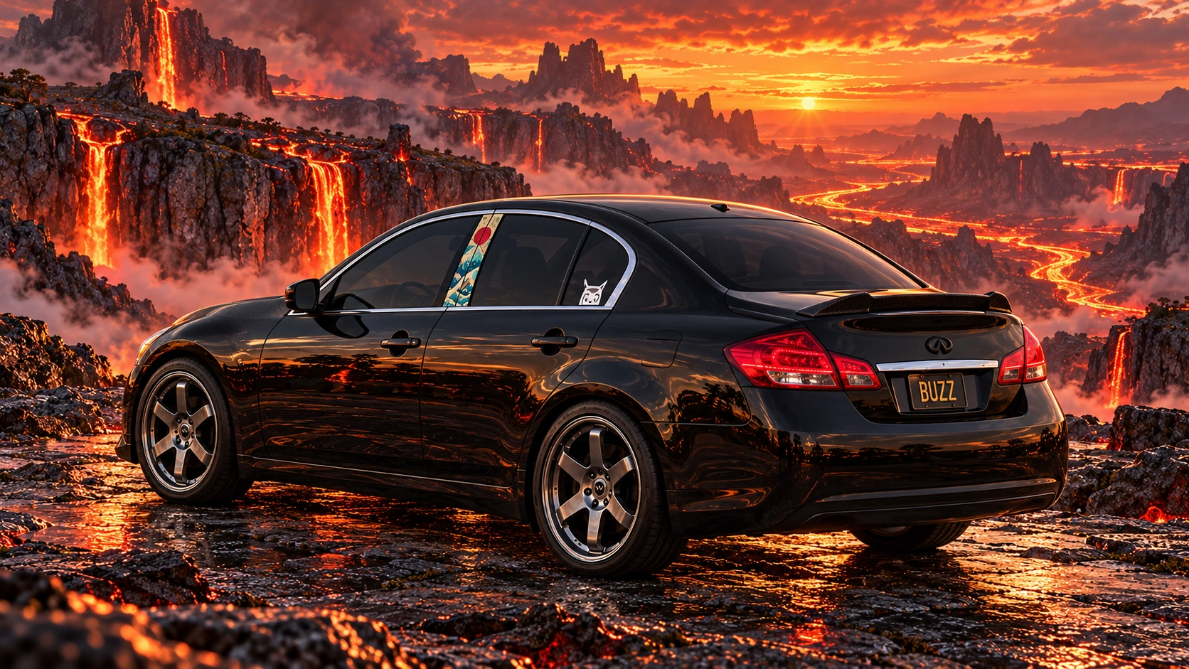 Pearl the black Infiniti G37x in volcanic realm.