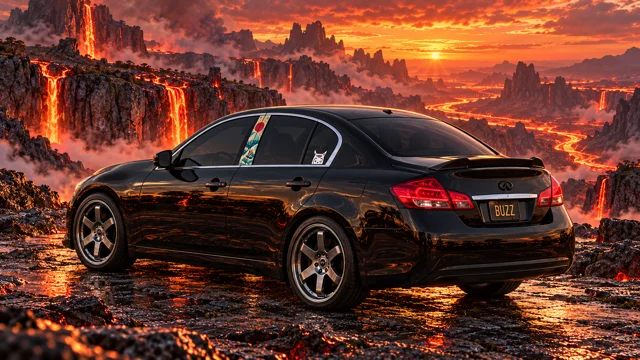 Pearl the black Infiniti G37x in volcanic realm.