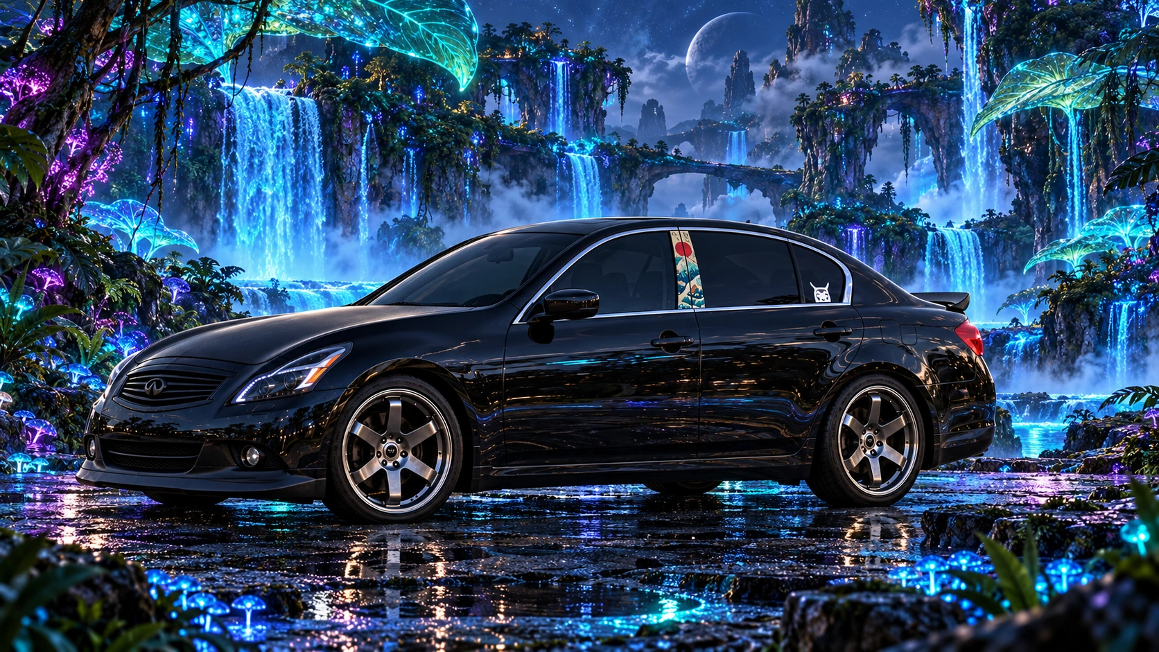 Pearl the black Infiniti G37x in bioluminescent waterfalls.