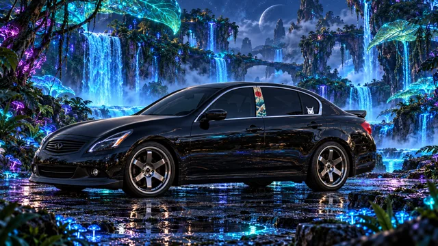 Pearl the black Infiniti G37x in bioluminescent waterfalls.