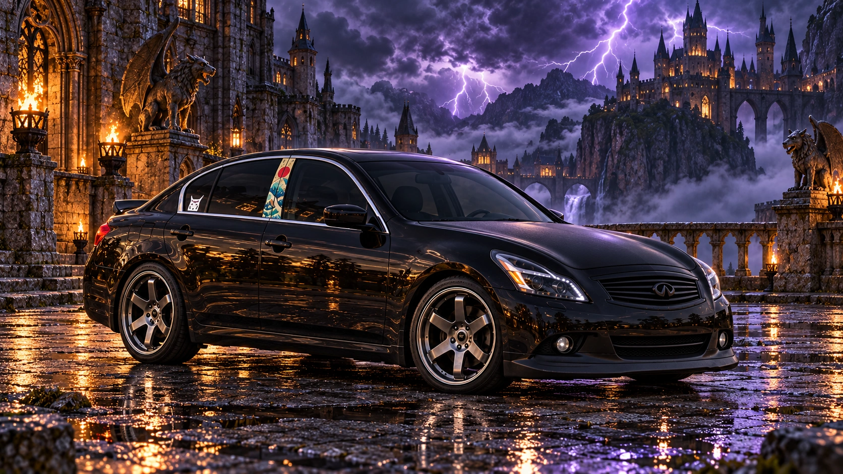 Pearl the black Infiniti G37x in thunderstorm castle.