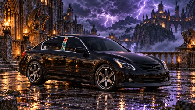 Pearl the black Infiniti G37x in thunderstorm castle.