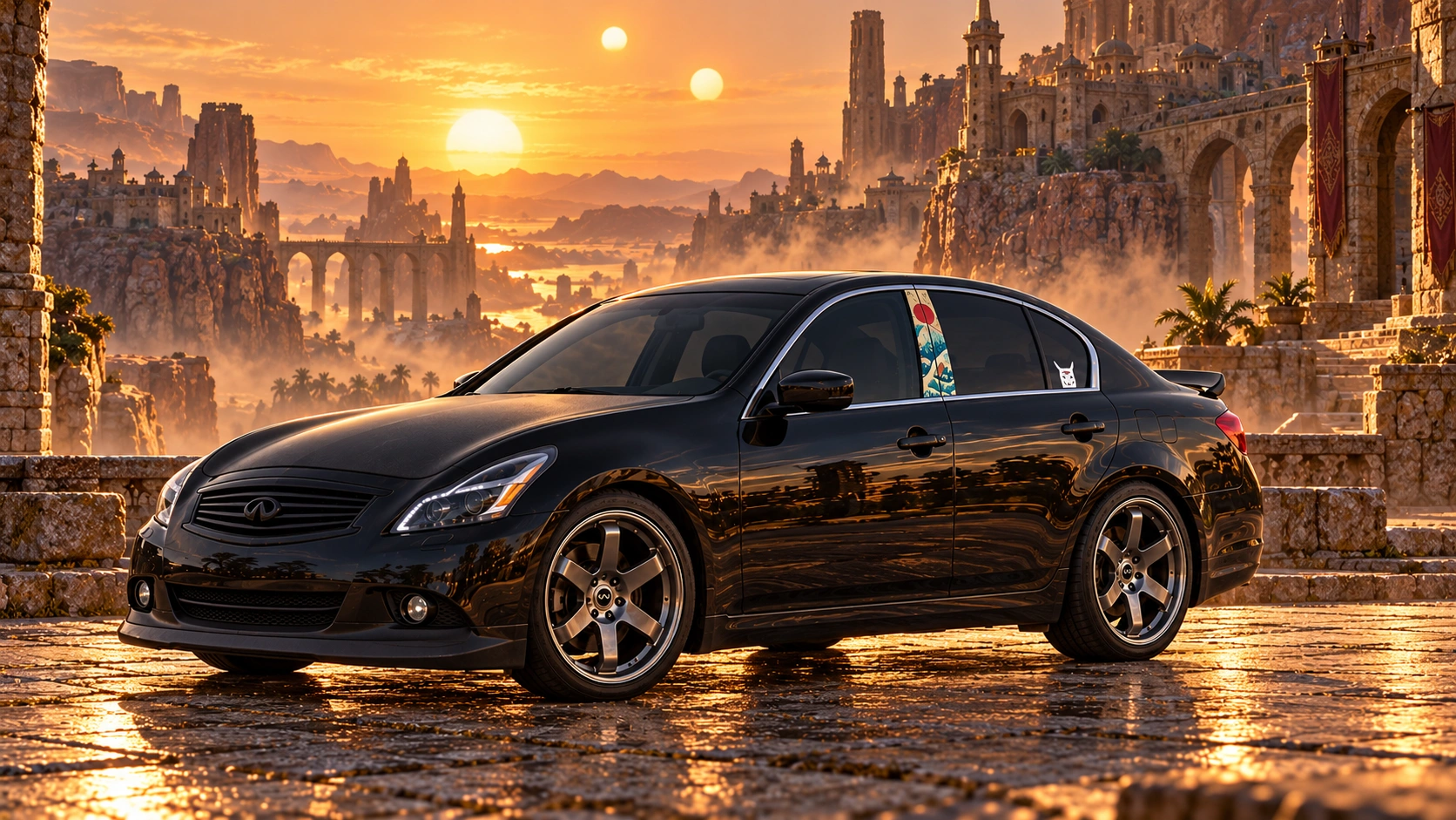 Pearl the black Infiniti G37x in desert citadel.