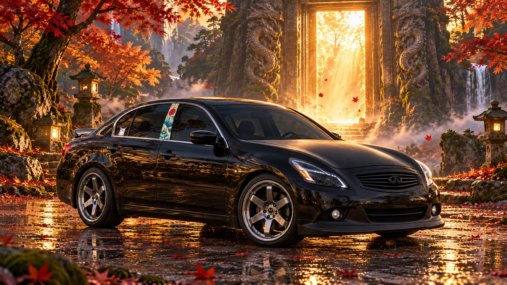 Pearl the black Infiniti G37x in autumn portal.