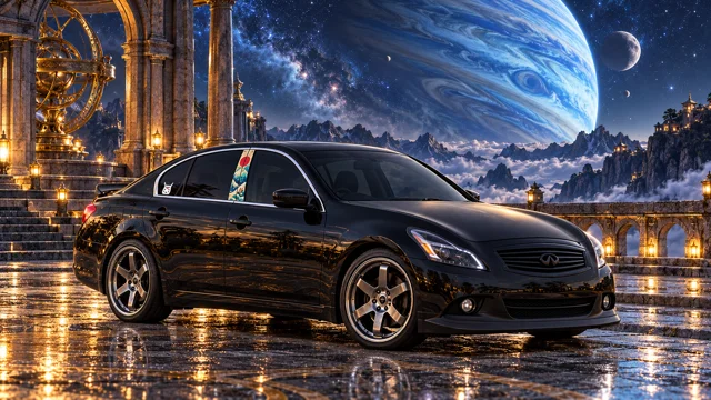 Pearl the black Infiniti G37x in planetary observatory.