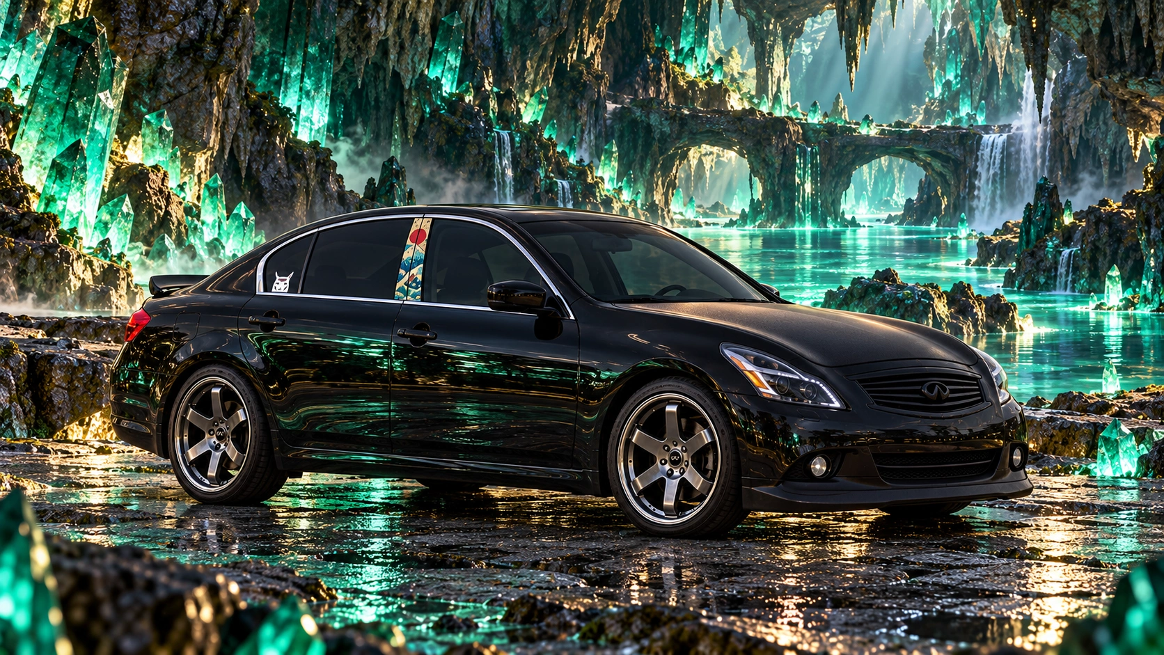 Pearl the black Infiniti G37x in emerald crystal cavern.