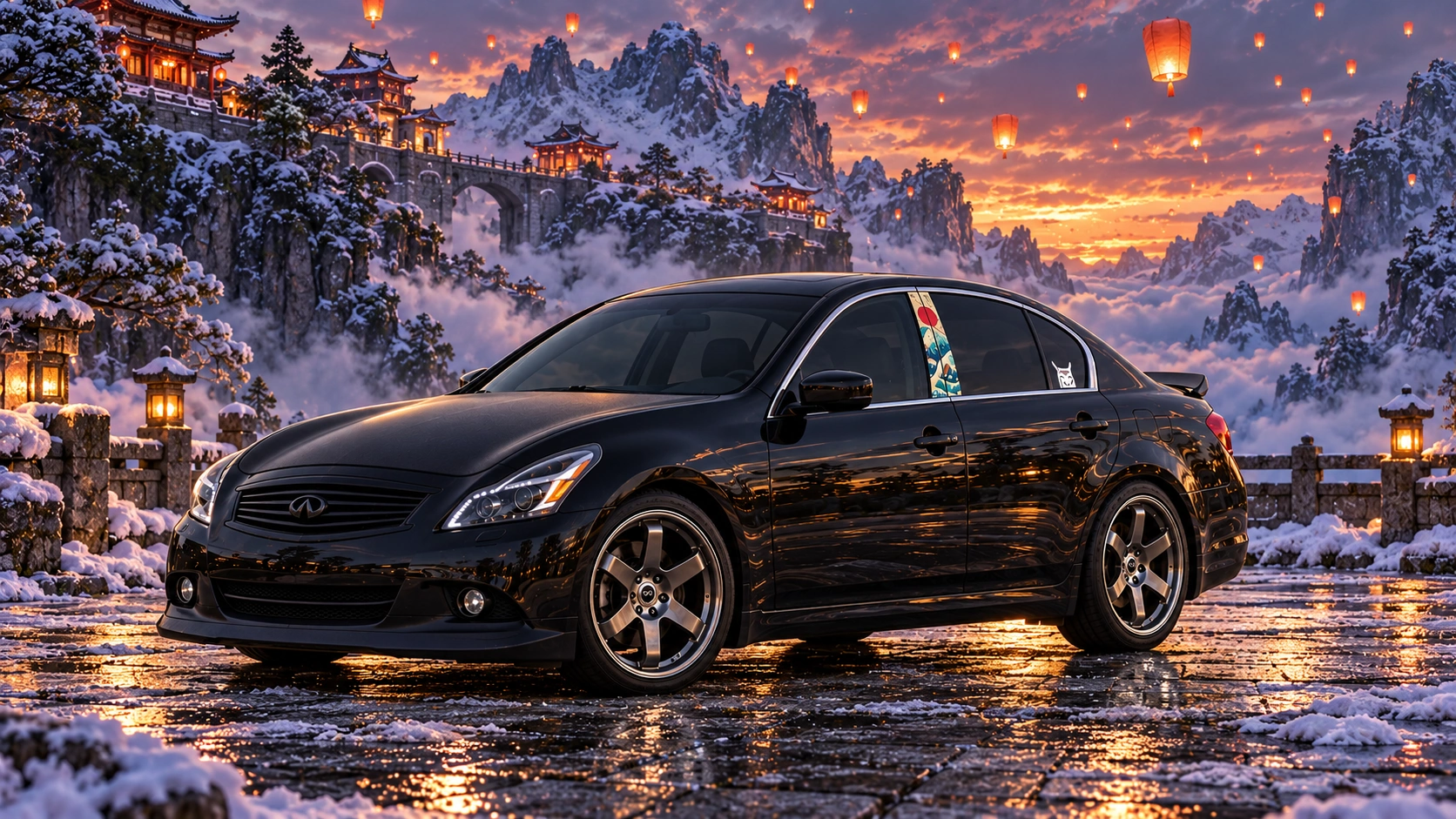Pearl the black Infiniti G37x in snowy lantern village.