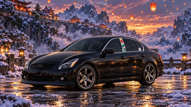 Pearl the black Infiniti G37x in snowy lantern village.