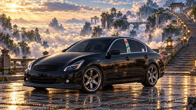 Pearl the black Infiniti G37x in stairway above the clouds.