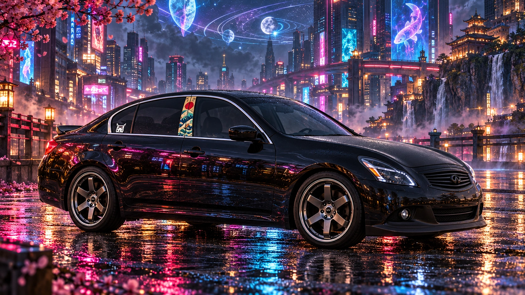 Pearl the black Infiniti G37x in neon orbital city.
