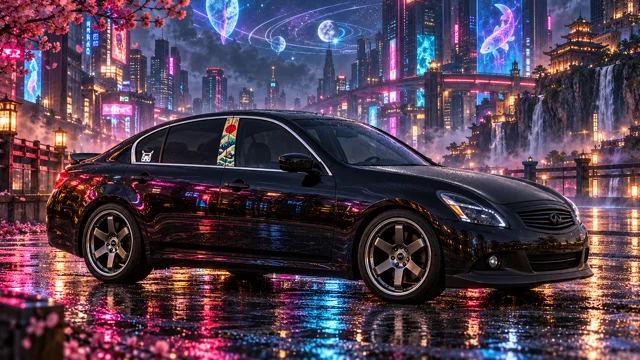 Pearl the black Infiniti G37x in neon orbital city.