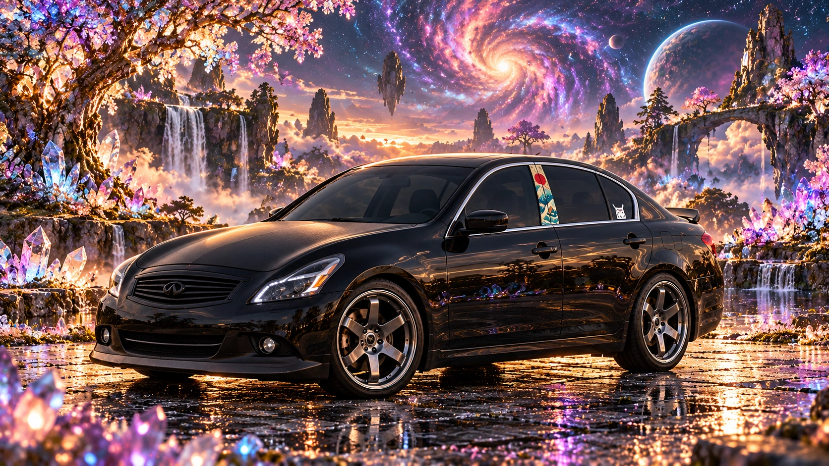 Pearl the black Infiniti G37x in cosmic blossom garden.