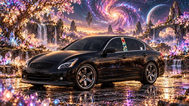 Pearl the black Infiniti G37x in cosmic blossom garden.