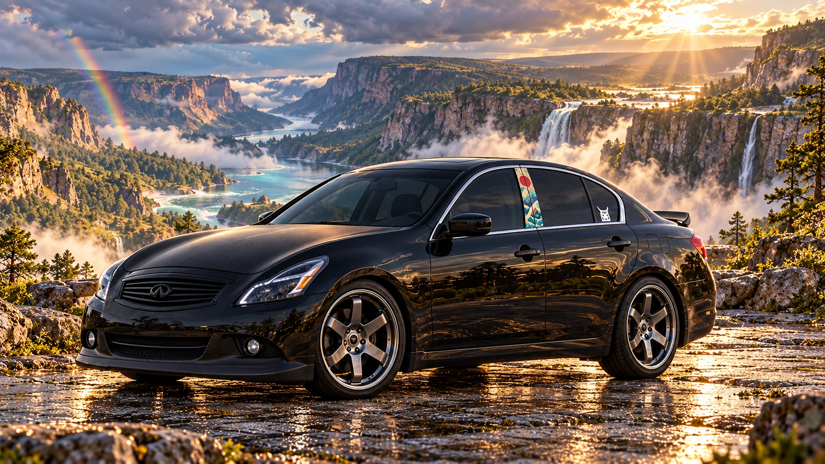 Pearl the black Infiniti G37x in canyon waterfall kingdom.