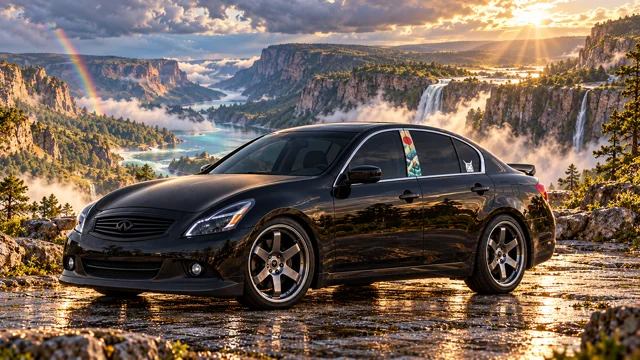 Pearl the black Infiniti G37x in canyon waterfall kingdom.
