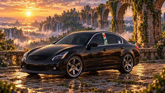 Pearl the black Infiniti G37x in ancient garden arches.