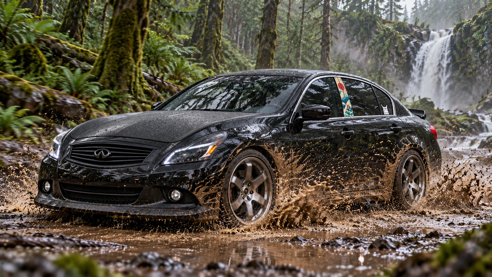 Pearl the black Infiniti G37x: woodland mud splash.
