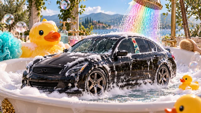 Pearl the black Infiniti G37x: bubble bath car wash.