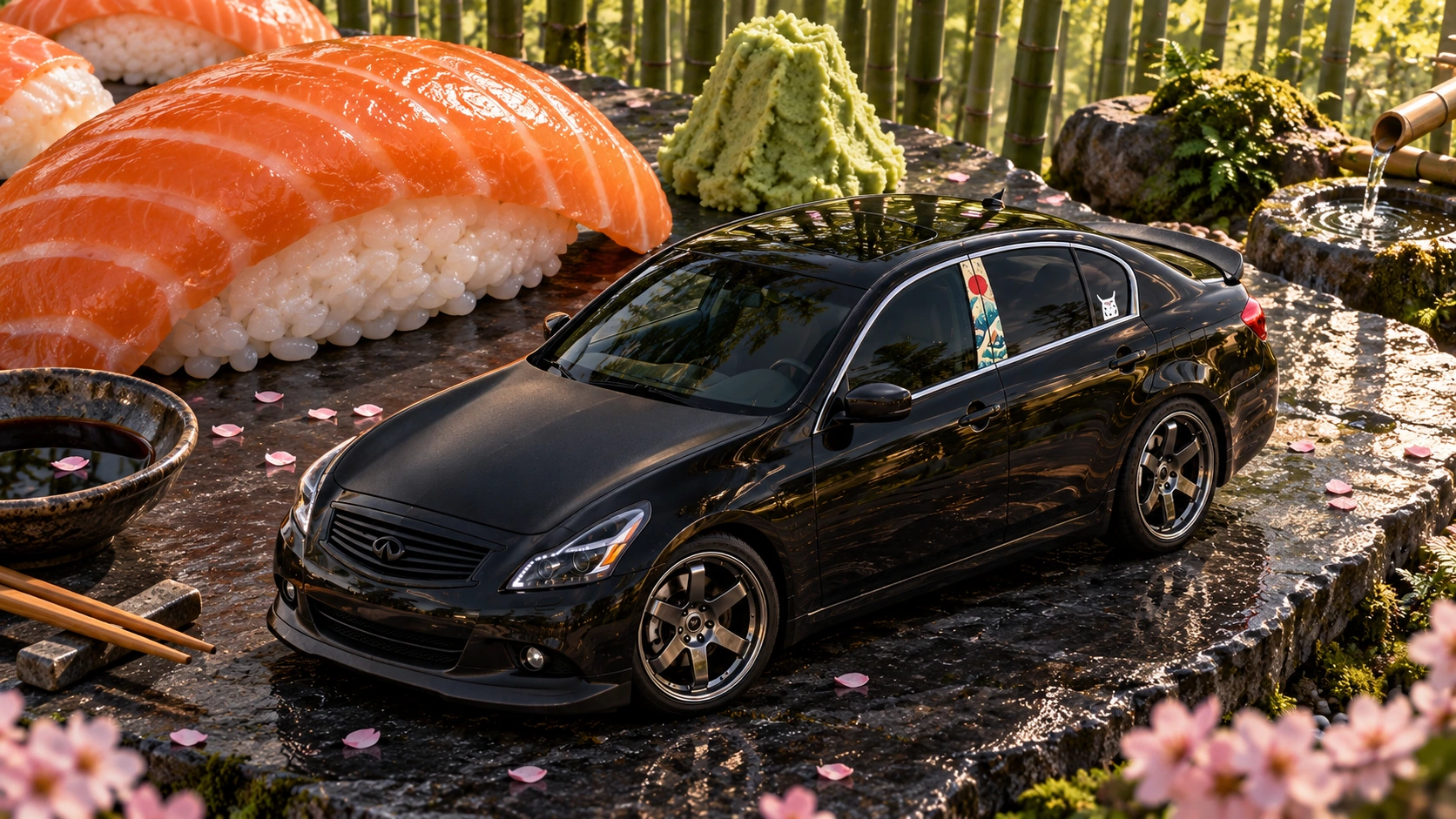 Pearl the black Infiniti G37x: giant sushi picnic.
