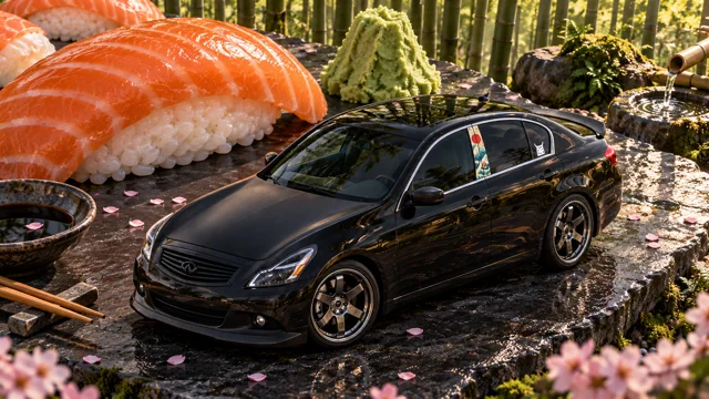 Pearl the black Infiniti G37x: giant sushi picnic.