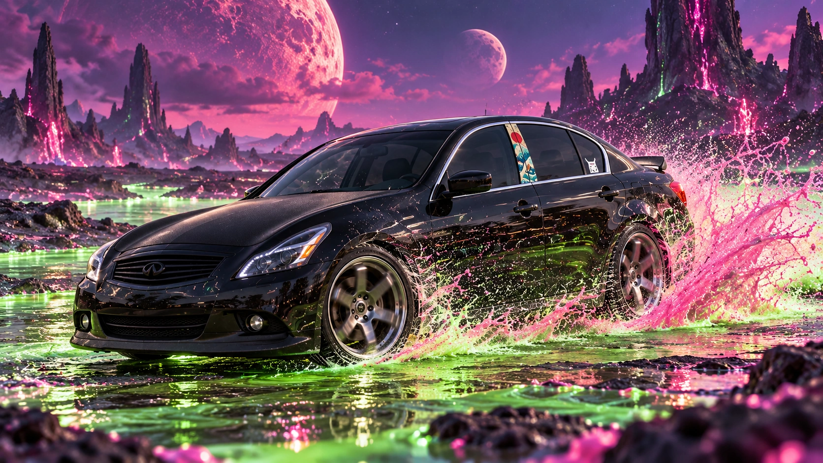 Pearl the black Infiniti G37x: neon slime skidpad.