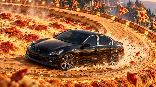 Pearl the black Infiniti G37x: pizza racetrack.