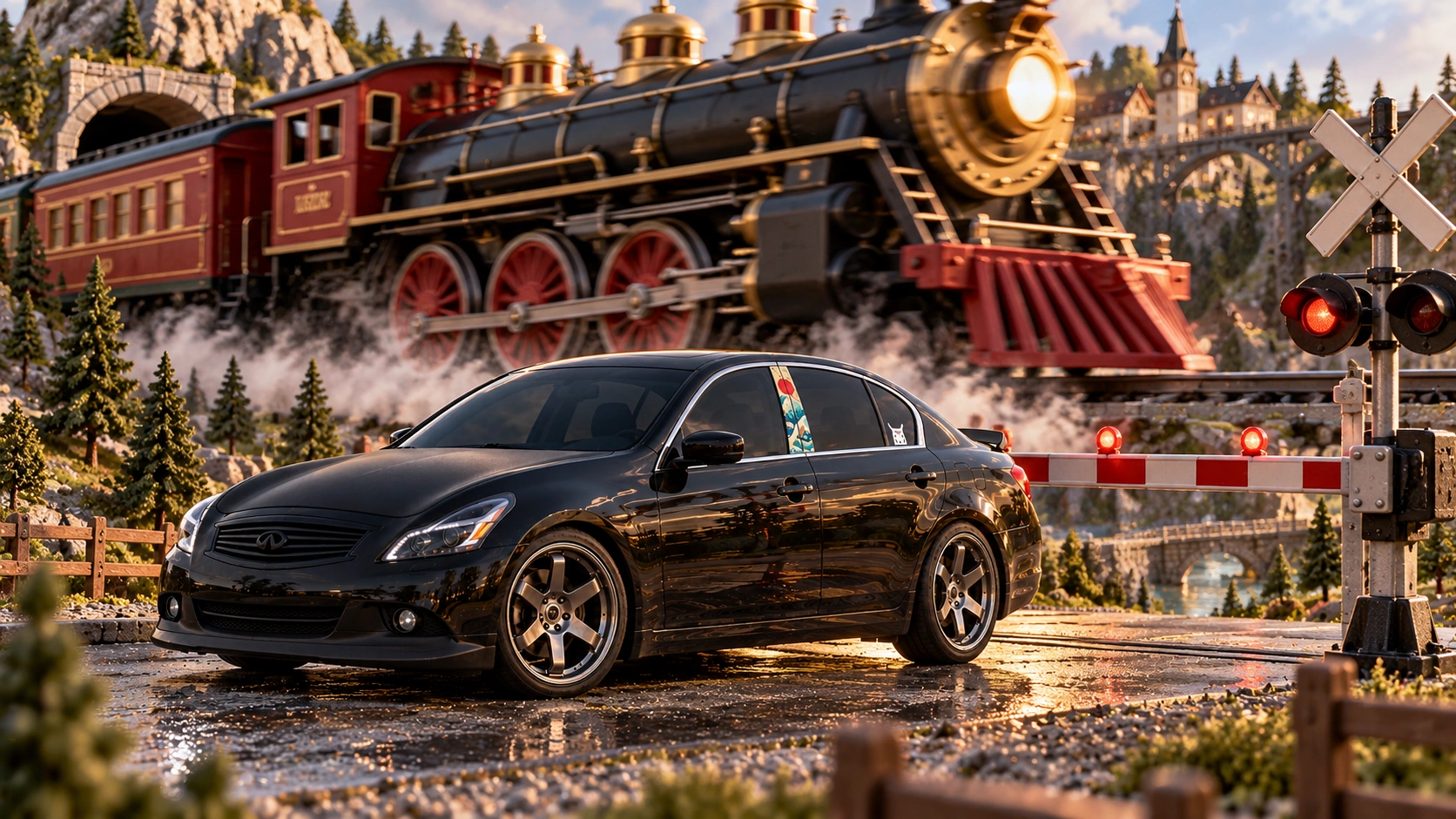 Pearl the black Infiniti G37x: giant toy train crossing.