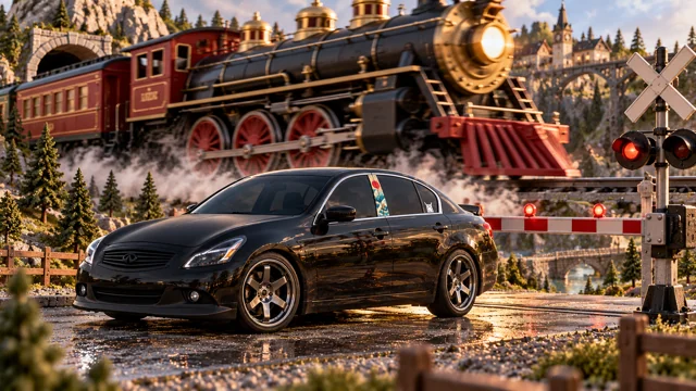 Pearl the black Infiniti G37x: giant toy train crossing.