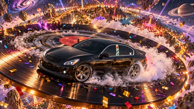 Pearl the black Infiniti G37x: cosmic vinyl burnout.