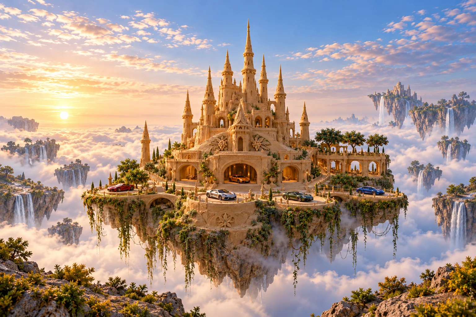Château Aérienne, a sculpted sandcastle on Aeris Garden, with realistic show cars in its motor court.