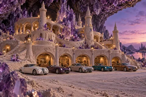 The Resonant Keep, a sculpted sandcastle with show-car garages on amethyst reach.