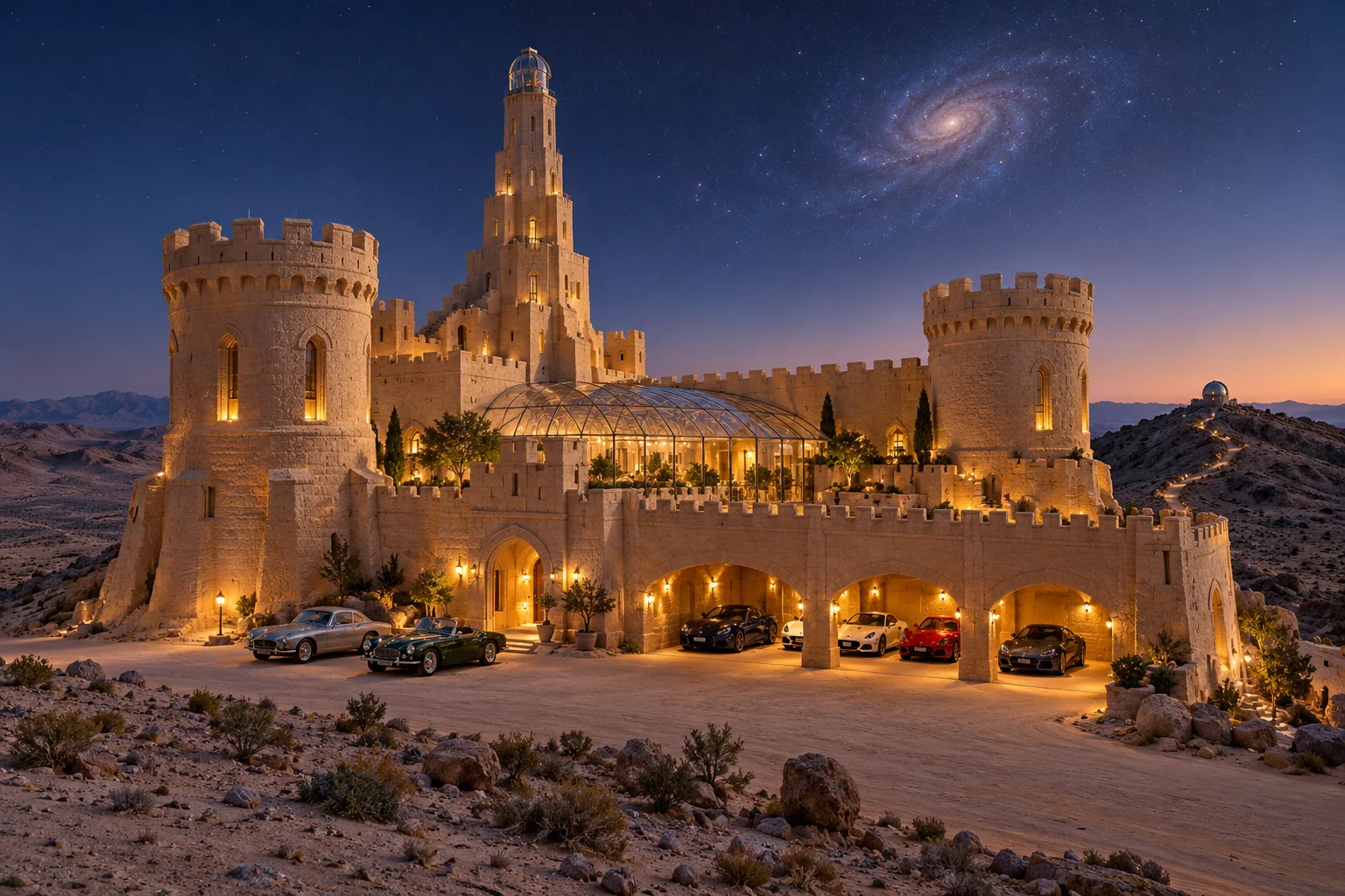 A grainy pale sandcastle observatory with a glass garden above open car garages beneath a distant spiral galaxy.