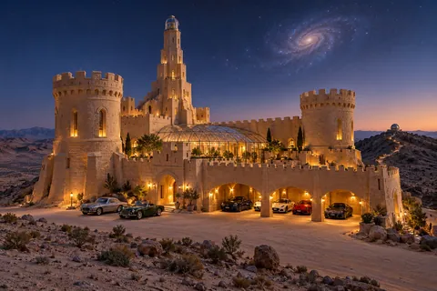 A grainy pale sandcastle observatory with a glass garden above open car garages beneath a distant spiral galaxy.