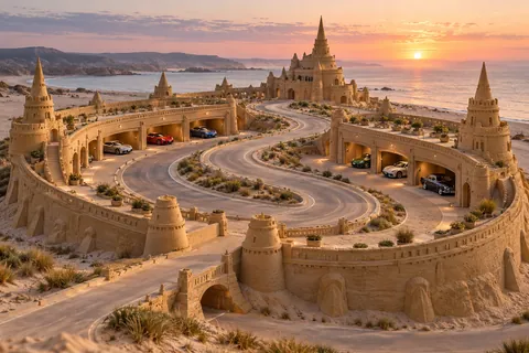 Curved pale sandcastle beside a smooth sweeping circuit, with alignment garages and parked sports cars.