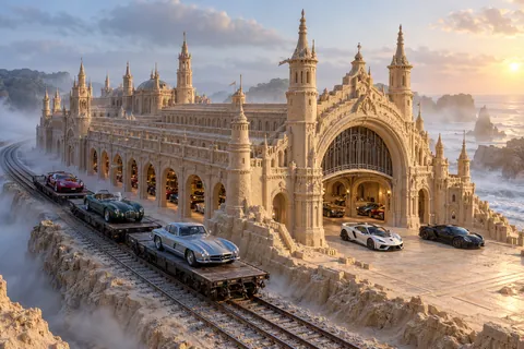 Château Silverline, a sculpted sandcastle on Argent Rail, with realistic show cars in its motor court.