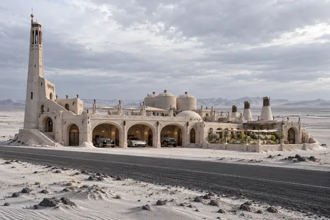 Meridian Rest, a sculpted-sand castle on Ash Meridian with a show-car garage and architecture shaped by the world’s landscape.