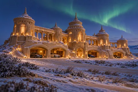 Sandcastle of connected warm-lit pavilions with sheltered garages and parked cars beneath a soft aurora.