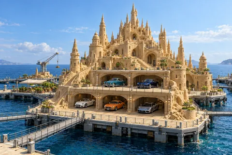 The Sky-Tide Château, a sculpted sandcastle with show-car garages on azure drift.