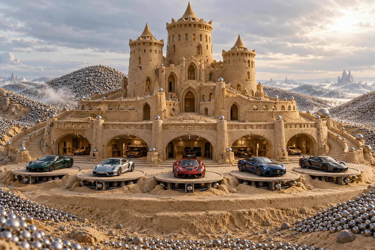 The Stillpoint Citadel, a sculpted sandcastle on Ballbearing, with realistic show cars in its motor court.