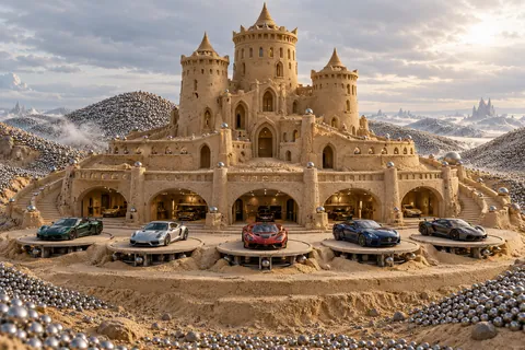 The Stillpoint Citadel, a sculpted sandcastle on Ballbearing, with realistic show cars in its motor court.