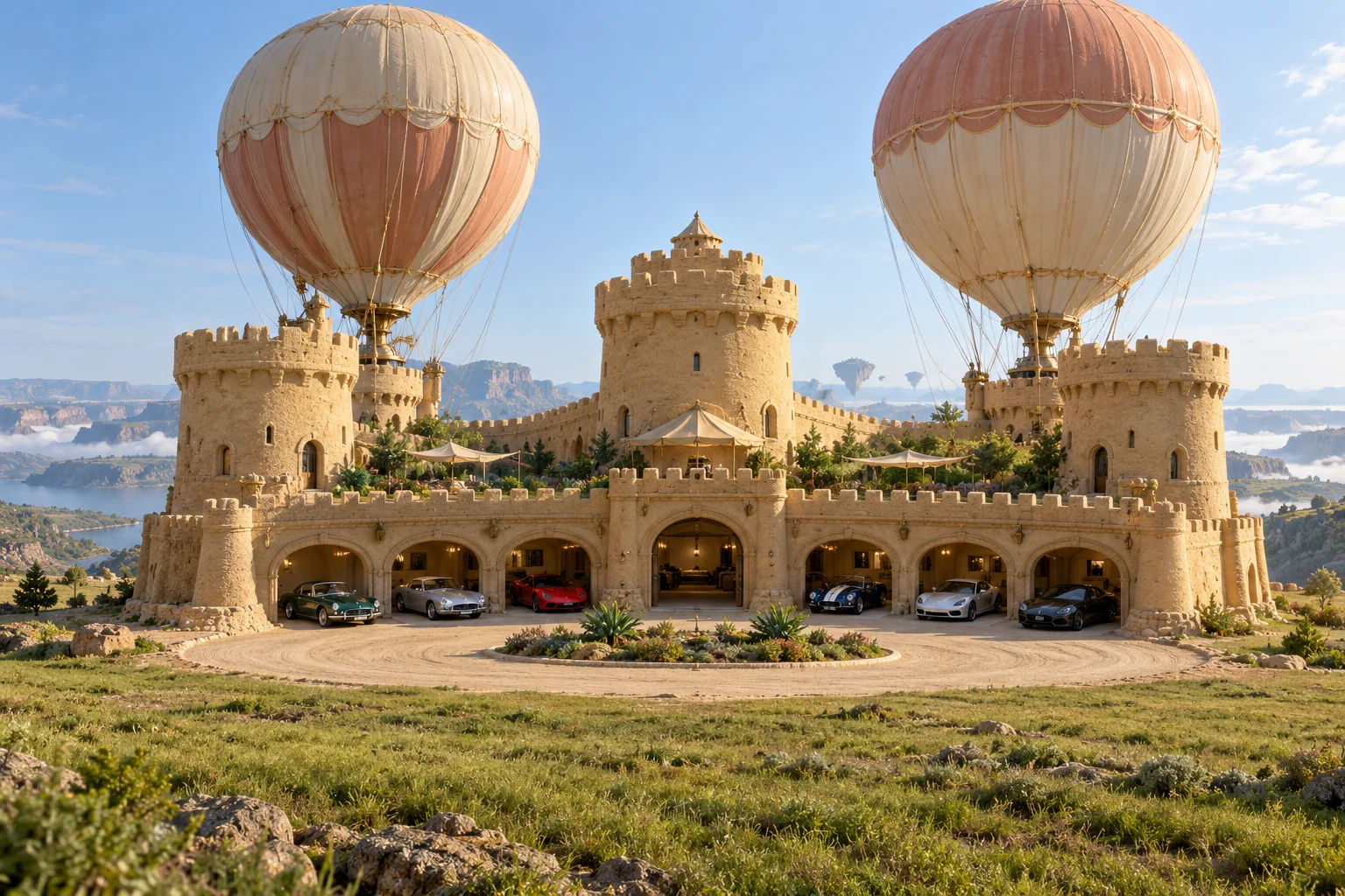 A broad granular sandcastle with balloon moorings, planted gardens and cars outside open garage arches.
