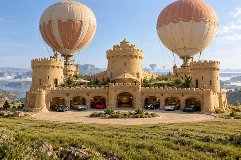 A broad granular sandcastle with balloon moorings, planted gardens and cars outside open garage arches.