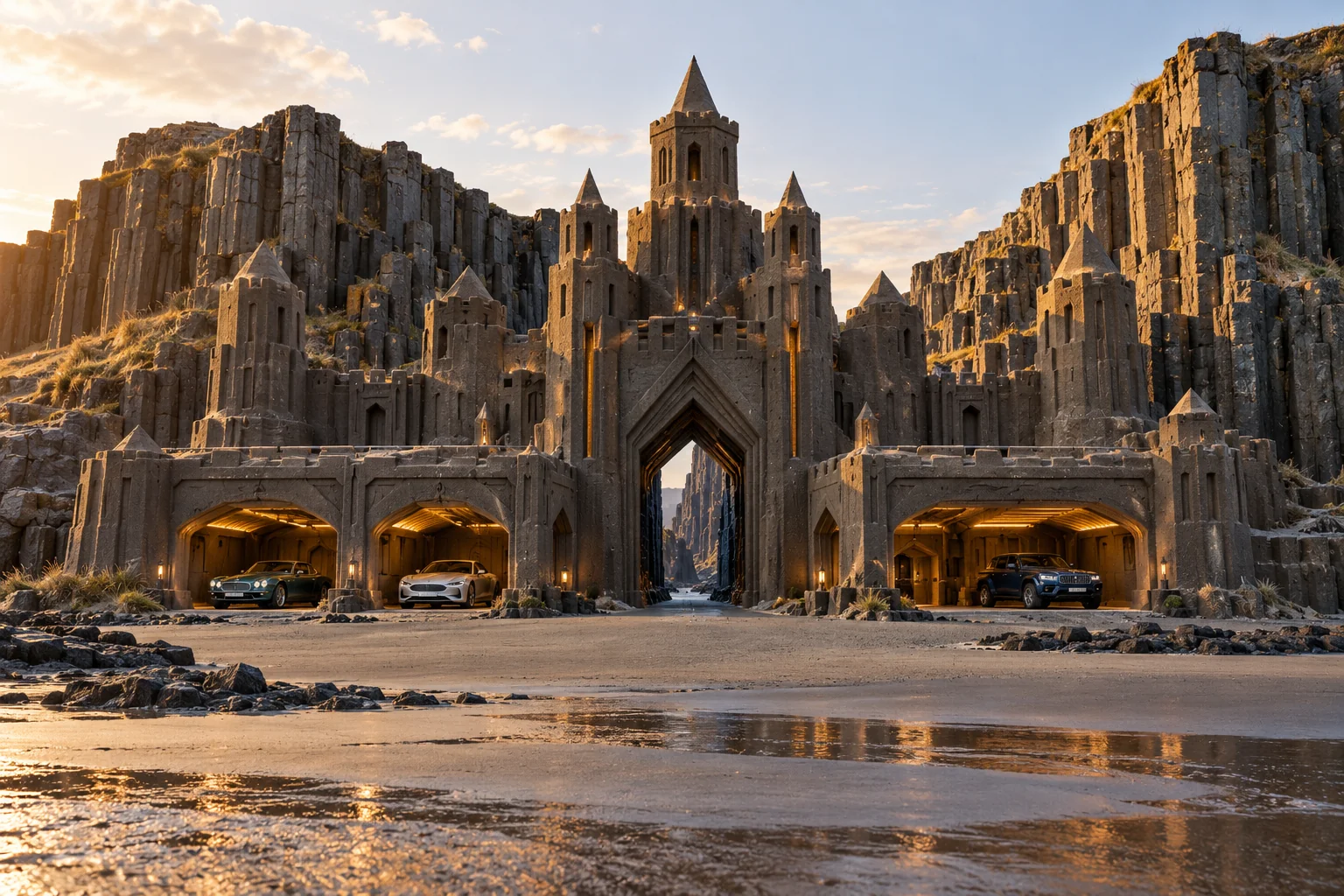 Columnshadow Keep, a sculpted-sand castle on Basalt Gate with a show-car garage and architecture shaped by the world’s landscape.