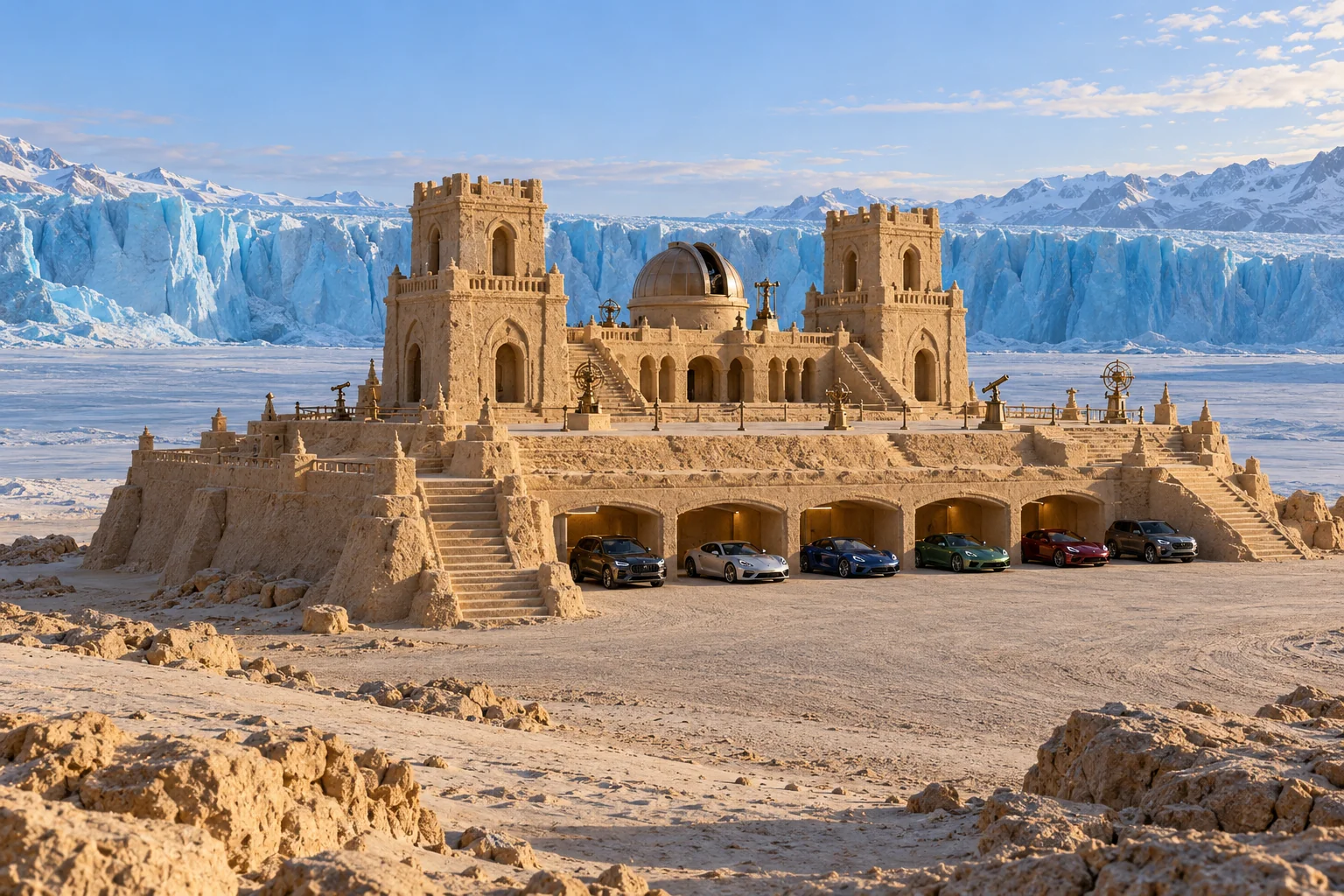 Frozen sand citadel and observatory garages set far in front of a towering blue glacier, with parked cars.