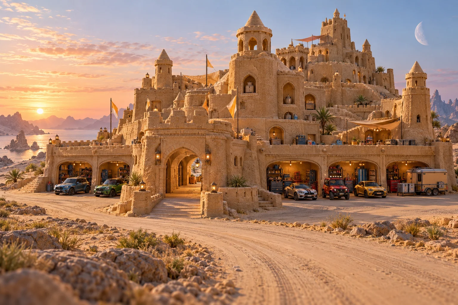 Compact sandcastle gatehouse with terraced supply galleries, open garages and a small parked touring convoy.